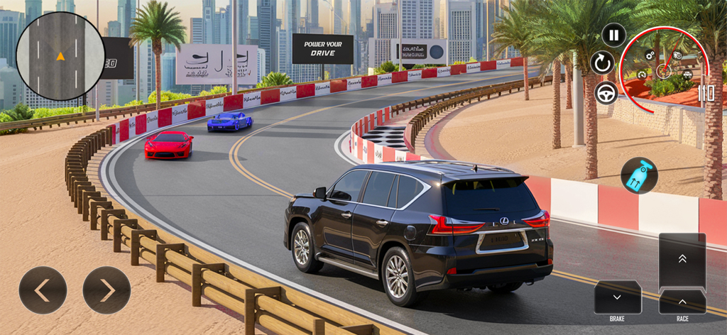 Urban Street Car Driver - Gameplay of Urban Street Car Driver featuring a black SUV racing on a winding road with palm trees and city buildings.