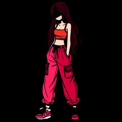 girl in baggy pants crop top and long hair