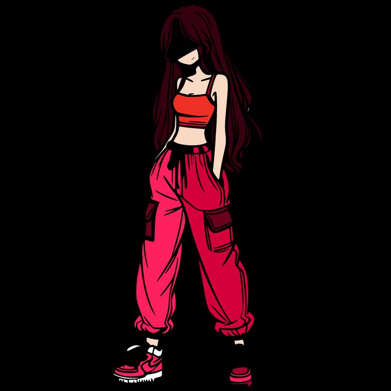 girl in baggy pants crop top and long hair