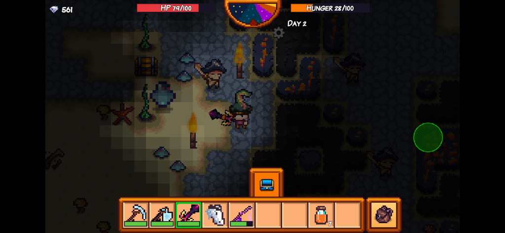 Top-down pixel art gameplay of Pixel Survival Game 3 showing a character in a dark cave with a survival UI and inventory