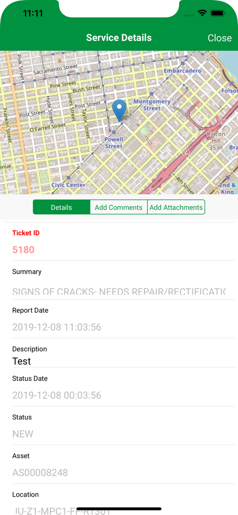 Jazan SR - App interface showing service request details with a map location pin and ticket information