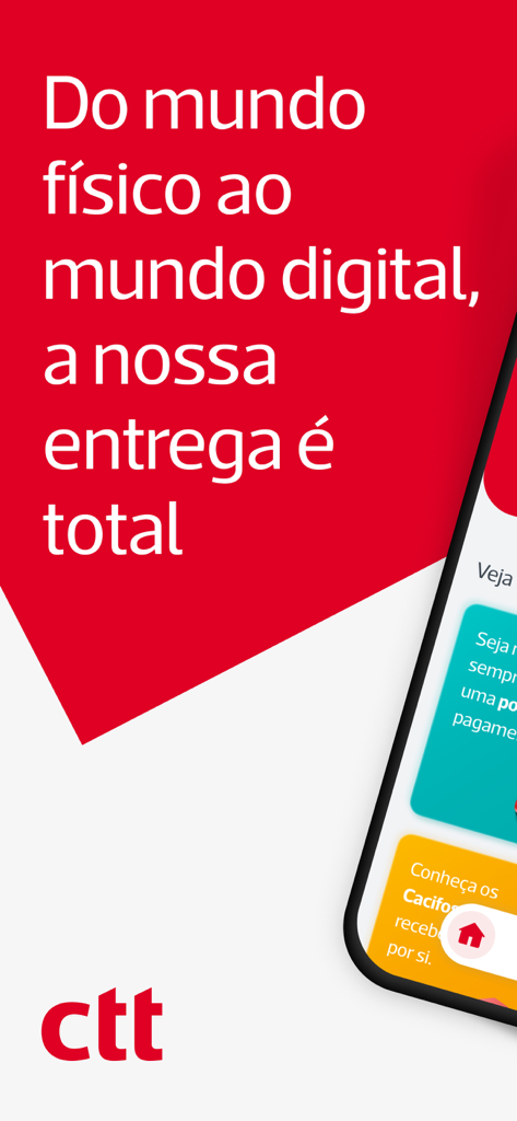Pantalla de bienvenida de la aplicación CTT Correios de Portugal con fondo rojo y logo de la marca