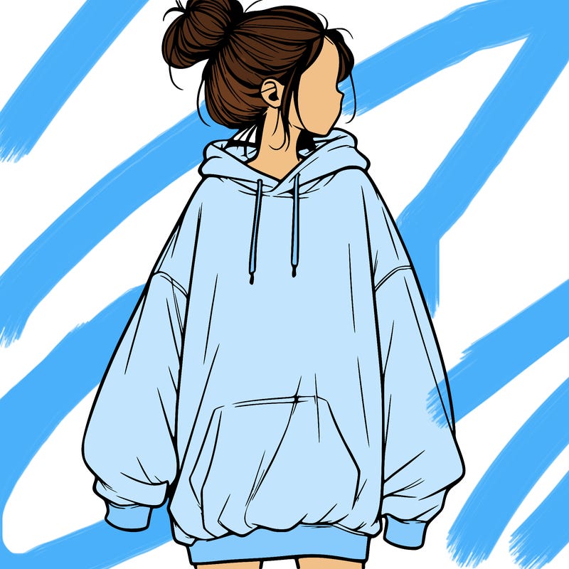 realistic girl with a oversized sweatshirt on and a bun