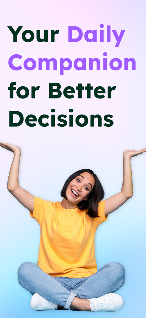 Pocket Numerology Pro - A smiling woman sitting cross-legged under the text Your Daily Companion for Better Decisions