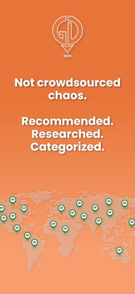 Gluten Dude app screen showing a global map with green pins for researched and categorized gluten free restaurants