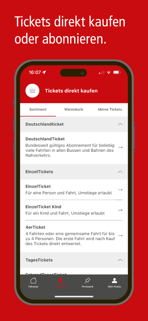 Écran de l'application Lippemobil pour acheter des billets de transport numériques, y compris le Deutschlandticket