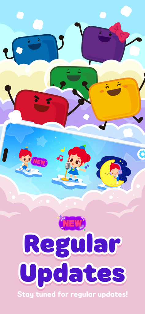 JunyTony - Learning & Games! - Personajes de JunyTony mostrando actualizaciones regulares en la pantalla de un teléfono inteligente