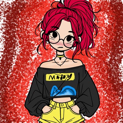 girl with a messy ponytail glasses a baggy crop top and jean shorts