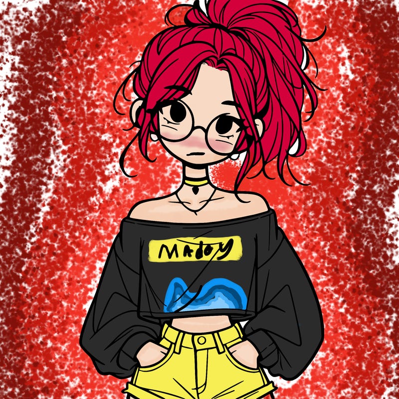 girl with a messy ponytail glasses a baggy crop top and jean shorts