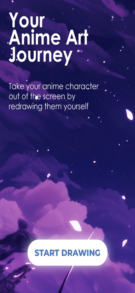 AR Drawing: Draw & Sketch App - Intro screen for the AR Drawing app featuring the text Your Anime Art Journey and a Start Drawing button
