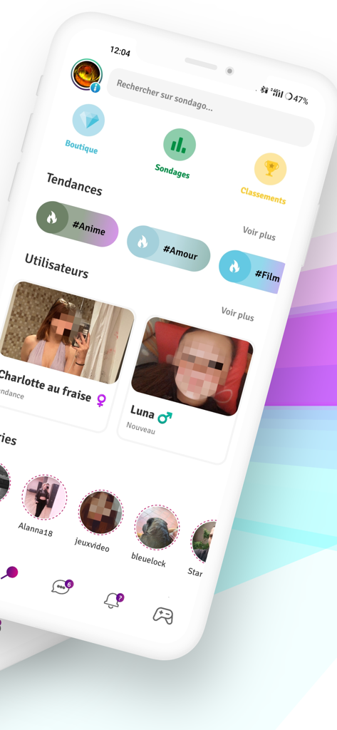 Interfaccia dell'app Sondago che mostra argomenti di tendenza come anime e amore, insieme ai profili degli utenti e alle icone di navigazione per sondaggi e classifiche