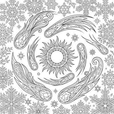 Explore the magic of a celestial winter with this intricate coloring page, showcasing mesmerizing comet patterns orbiting a radiant sun. Surrounded by delicate snowflakes, this design offers a unique blend of cosmic wonder and winter charm for artists of all ages.