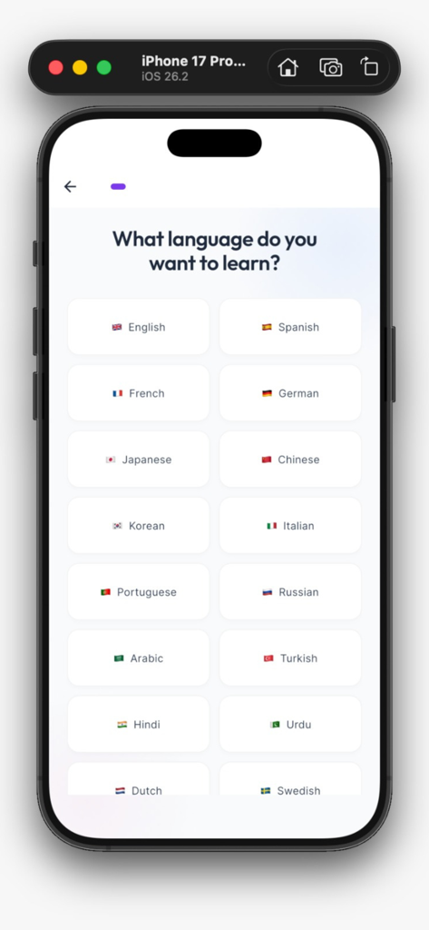 Talkio App - The language selection screen of the Talkio app featuring a list of multiple languages with their respective flags.