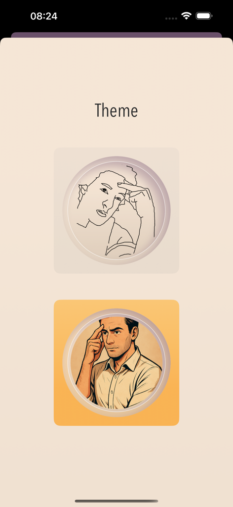 Body Secrets - Bildschirm, der zwei verschiedene Illustrations-Themen für Körpersprache-Gesten zeigt.