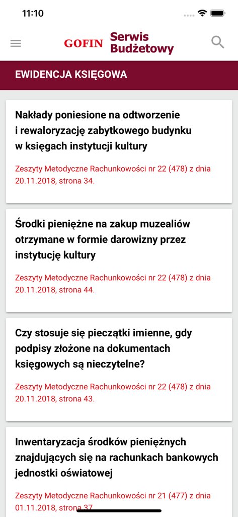 Mobile app interface showing a list of accounting topics and legal references from GOFIN Serwis Budzetowy