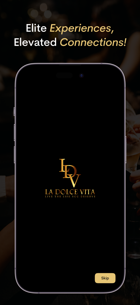 La dolce vita entertainment - Schermata di benvenuto dell'app La Dolce Vita con logo dorato e slogan sullo stile di vita di lusso