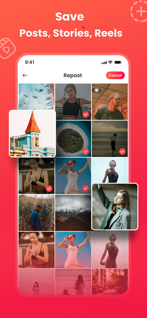 InstantSave app screen showing a grid of photos selected for reposting