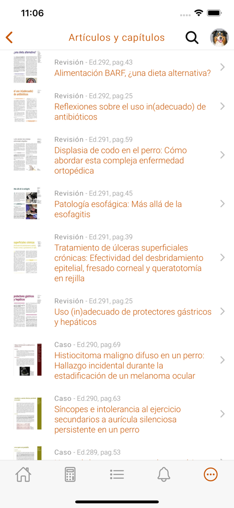 Captura de pantalla de la aplicación ConsultaVet que muestra una lista de artículos veterinarios y casos clínicos en español.