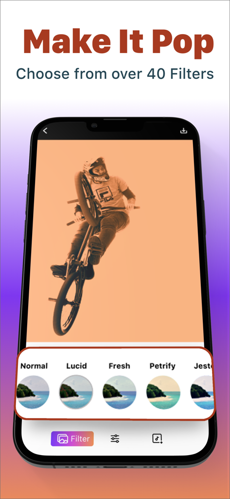 Interface de l'application SloMo montrant plus de 40 filtres vidéo appliqués à une vidéo de cascade sportive.
