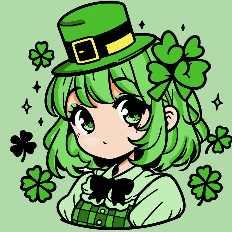 a manga-style girl with clovers around her, a little hat in her hair, like it's saint patrick's day