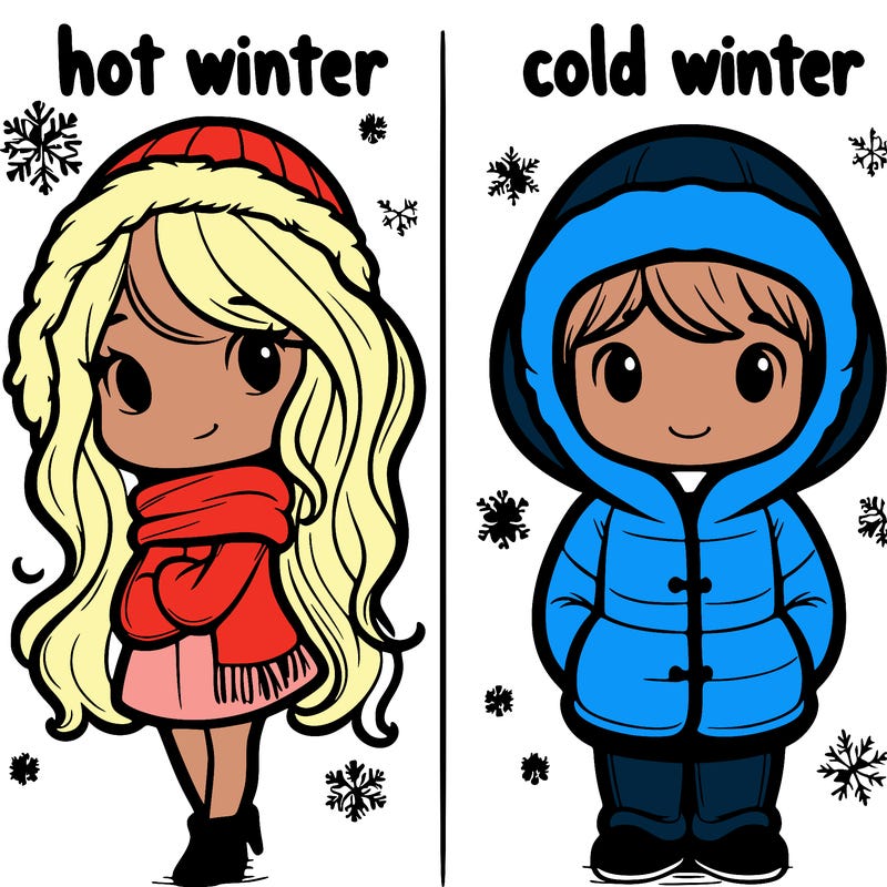 cold vs hot winter hot winter is girl with long hair  cold is a boy both have winter coat