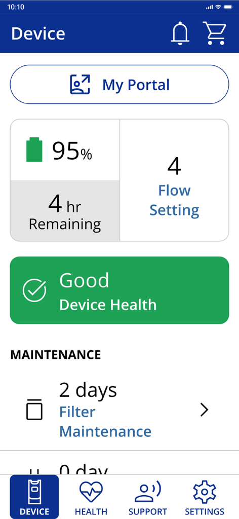 Inogen Connect Portable Oxygen - Inogen Connect app interface showing portable oxygen battery level flow settings and device health