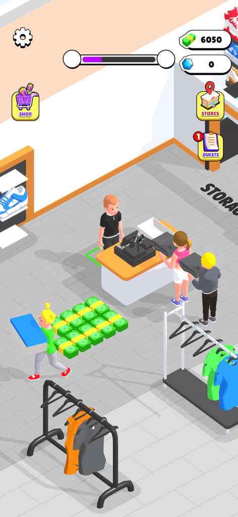 Isometric view of a retail store cashier serving customers next to stacks of cash in the Outlets Rush mobile game.