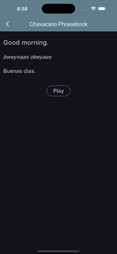 Chavacano Phrasebook - Smartphone screen showing the English phrase Good morning with its Chavacano translation and an audio play button.