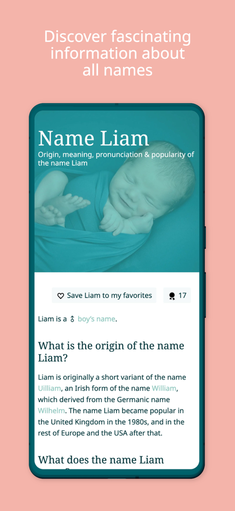 CharliesNames - CharliesNames app screen showing the origin and meaning for the baby name Liam
