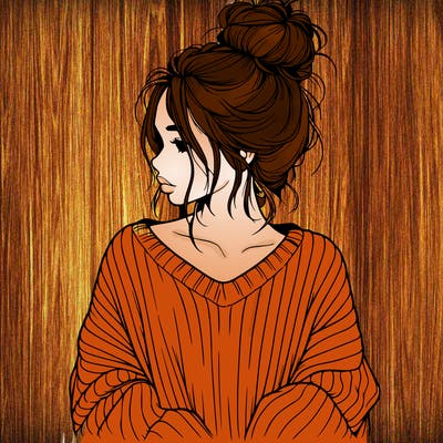 realistic girl wearing a messy bun and an oversized sweater
