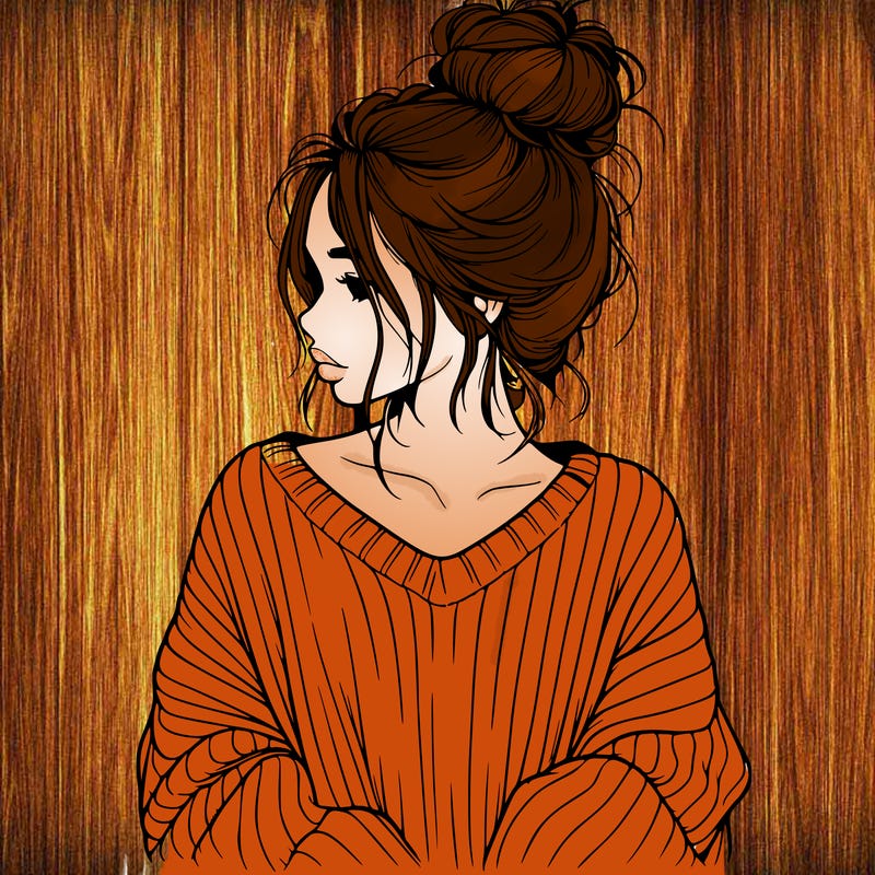 realistic girl wearing a messy bun and an oversized sweater