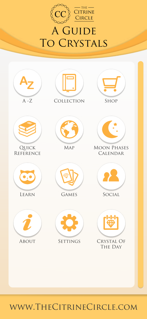 A Guide To Crystals - The CC - Main menu of A Guide To Crystals mobile app featuring icons for crystal reference, personal collection, and a moon phases calendar.