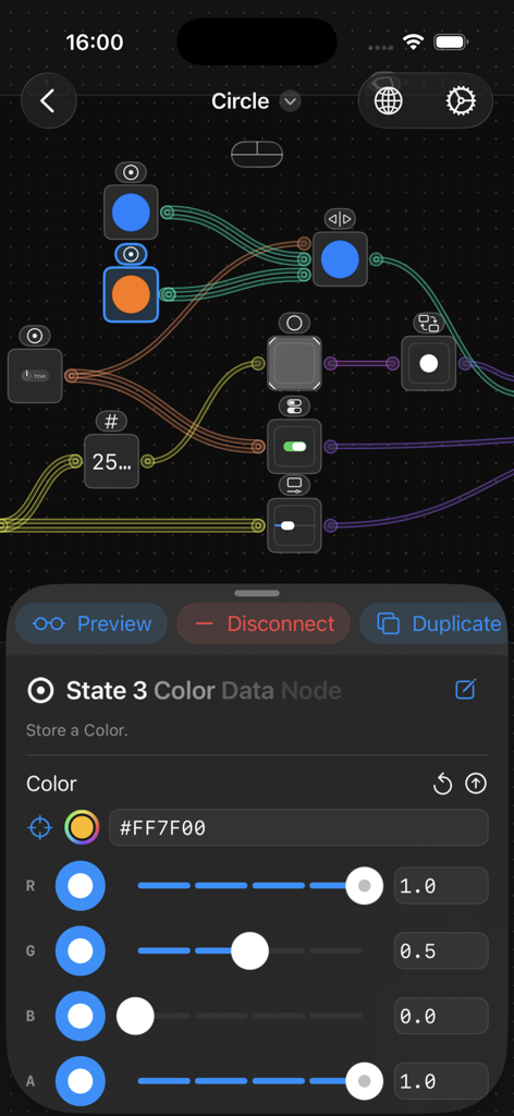 Flow Nodes - Interfaz de la aplicación Flow Nodes que muestra un editor de nodos visual con configuraciones de datos de color y controles deslizantes RGB.