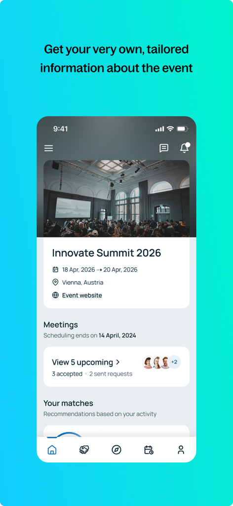 Interface do aplicativo b2match exibindo informações do evento, próximas reuniões e combinações de networking por IA.