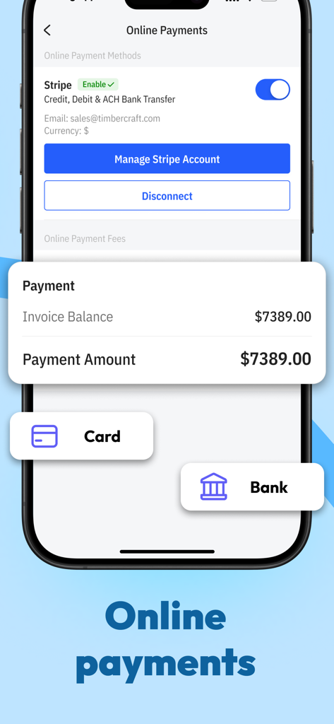 Tiny Invoice - Invoice Maker - Online payment interface for Tiny Invoice showing Stripe integration and payment options for card or bank