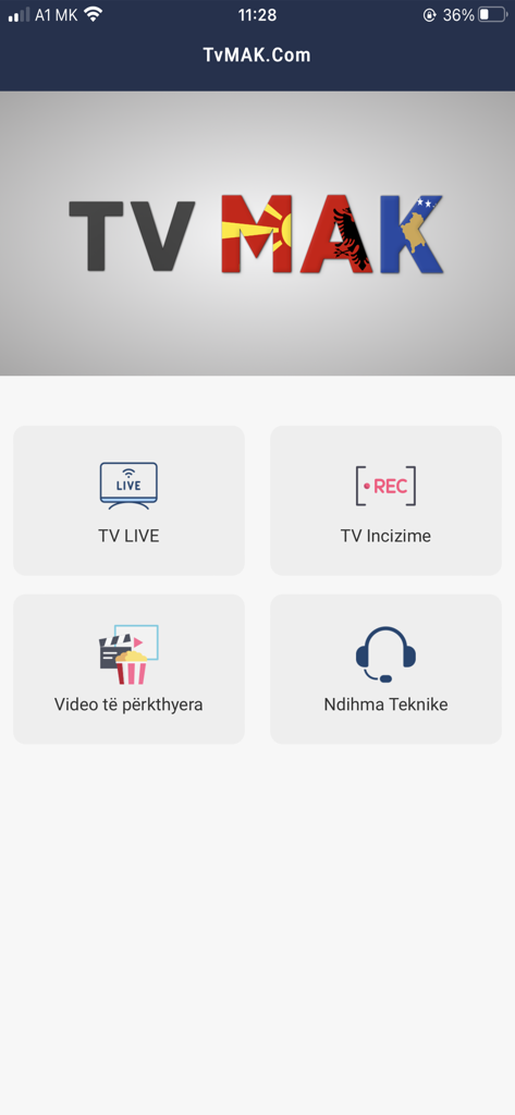 Schermata principale dell'app TvMAK con opzioni TV in diretta e registrazione per canali albanesi