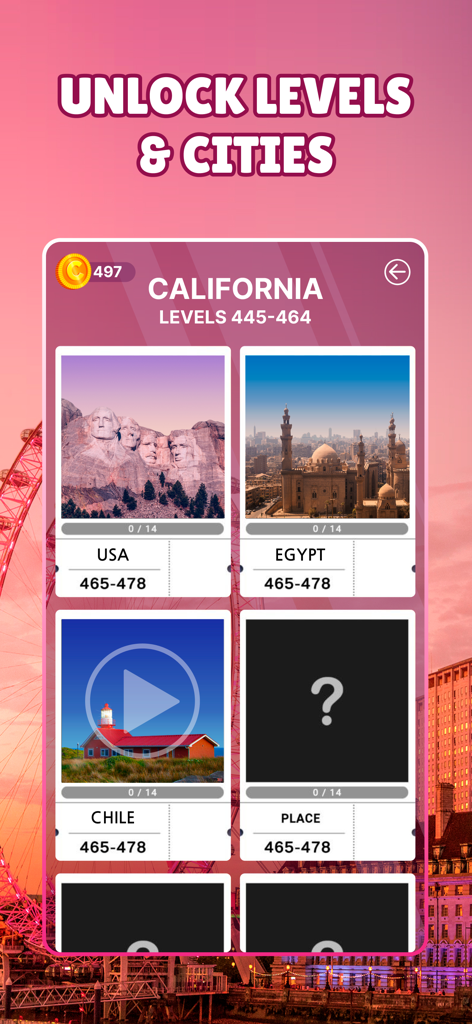 Word Maker - Puzzle Game - Pantalla del juego de puzles Word Maker mostrando niveles y destinos de viaje desbloqueables, incluyendo EE. UU. y Egipto
