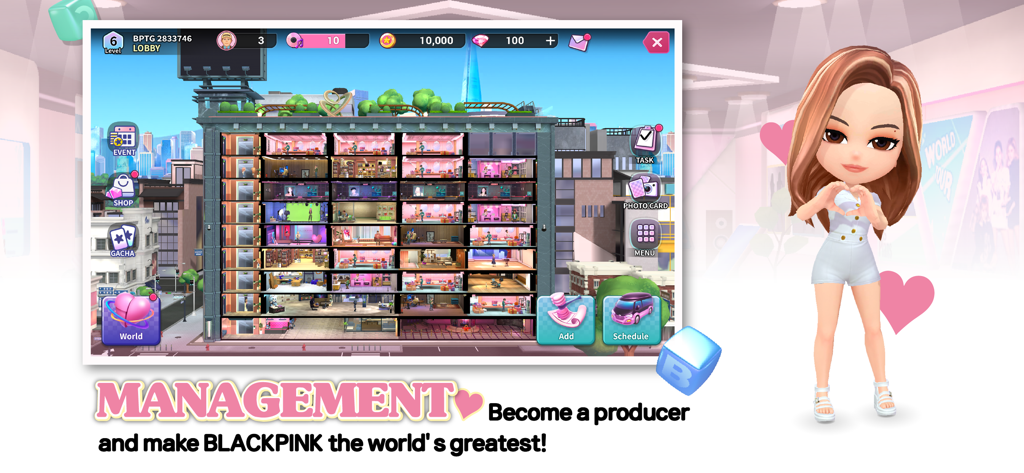 BLACKPINK THE GAME - Écran de gestion de BLACKPINK THE GAME montrant la disposition du bâtiment de l'agence et un avatar 3D de membre.