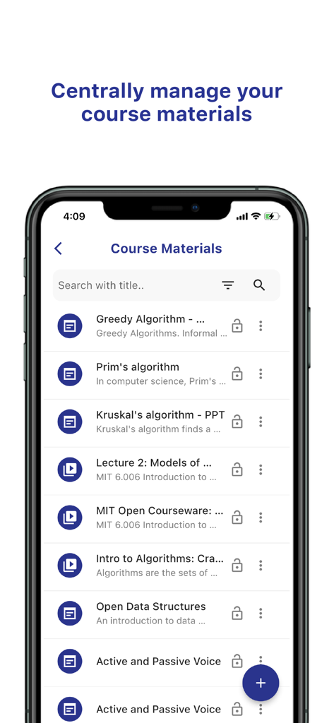 Linways V4 mobile app interface showing a list of centrally managed course materials including lecture notes and presentation slides.