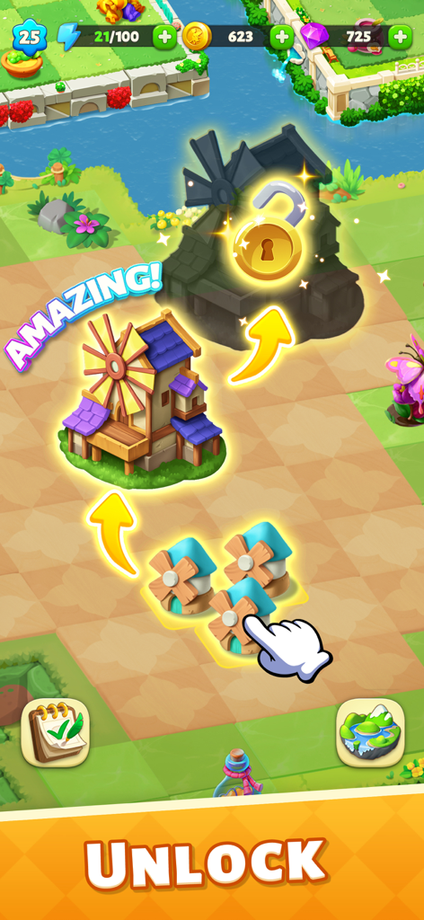 Panthia®: Magic & Merge Game - パンティア・マジック＆マージゲームで、小さな建物をマージして大きな風車をアンロックしている様子