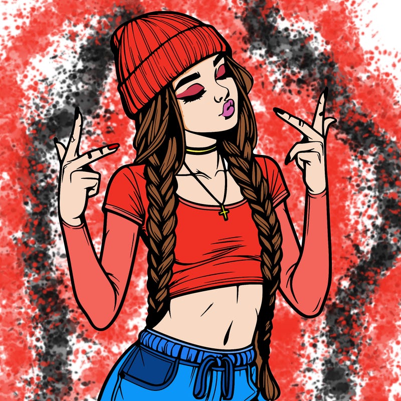 realistic teenage girl with braids and a beanie and crop top doing 🫶🏼
