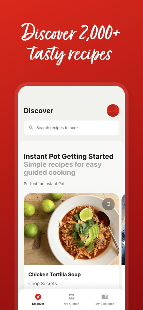 Instant Connect ™ - Pantalla de descubrimiento de recetas de la aplicación móvil Instant Connect mostrando una receta de sopa de tortilla de pollo y el menú de navegación