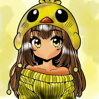 anime girl with chick shaped hat with sweater with bare shoulders with bangs covering them one eye with low tail