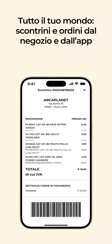 A digital store receipt displayed on a smartphone screen within the Arcaplanet pet store app