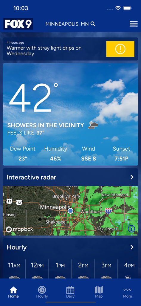FOX 9 Weather app home screen showing current Minneapolis temperature and an interactive weather radar map.