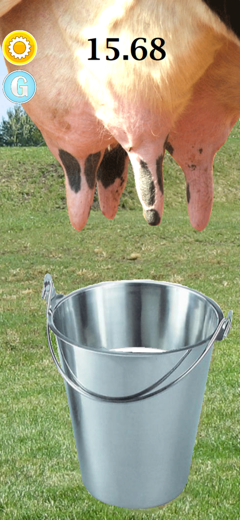 Farm Milk The Cow - Gameplay screenshot of Farm Milk The Cow showing a cow being milked into a metal bucket in a grassy field
