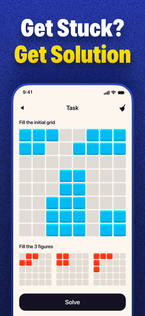 Block Blast Puzzle Solver interface showing a block grid and pieces to solve