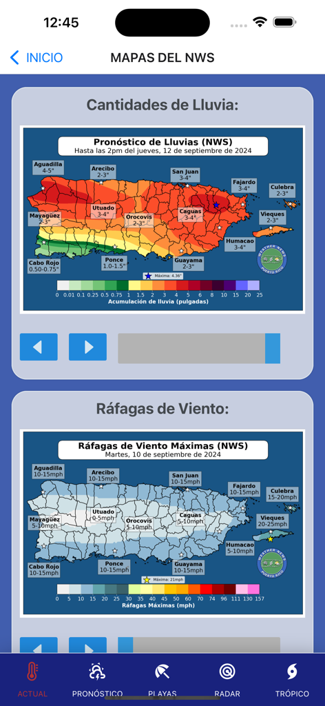 NextWeather: Weather and more! - NextWeather app interface displaying NWS rainfall and wind gust forecast maps for Puerto Rico.