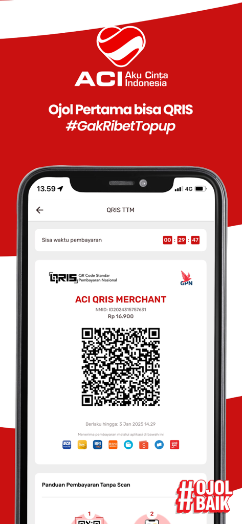 Smartphone screen showing a QRIS payment code in the ACI Ojek Online Indonesia app