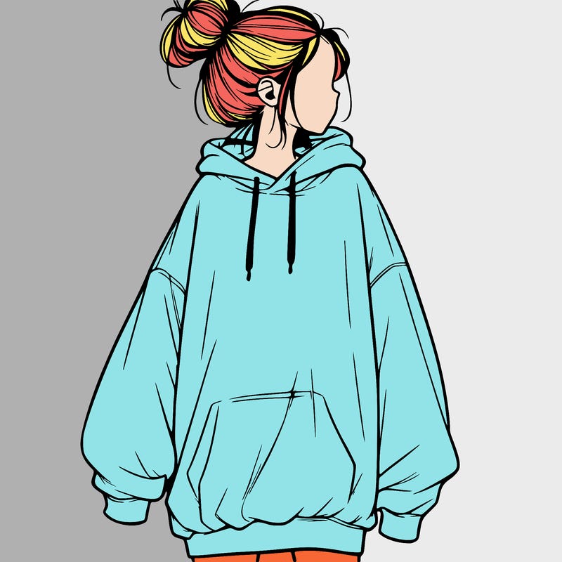realistic girl with a oversized sweatshirt on and a bun